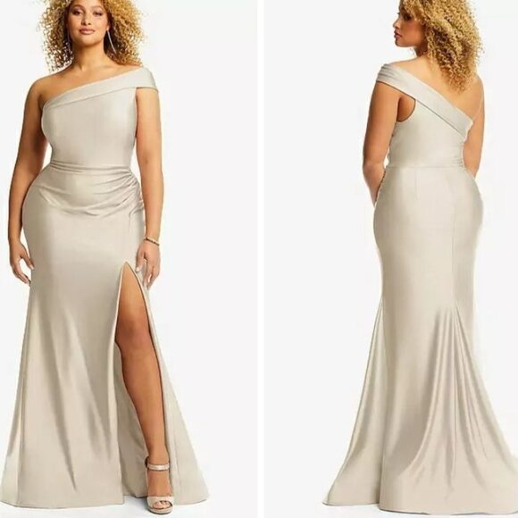 NWT, Cynthia & Sahar XL Luz, One-Shoulder Stretch Satin Mermaid Dress, Champagne - Picture 1 of 13